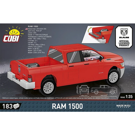 COBI RAM 1500 red pickup truck model shown from the rear with opening tailgate detail
