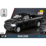 COBI RAM 2500 black pickup truck model shown from the rear with dimensions and opening tailgate detail