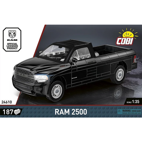 COBI RAM 2500 black pickup truck model shown from the rear with dimensions and opening tailgate detail