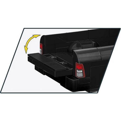 Close-up of the COBI RAM 2500 black pickup truck model with the tailgate lowered