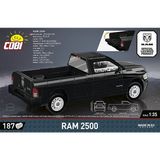 COBI RAM 2500 black pickup truck model shown from the rear with dimensions and opening tailgate detail
