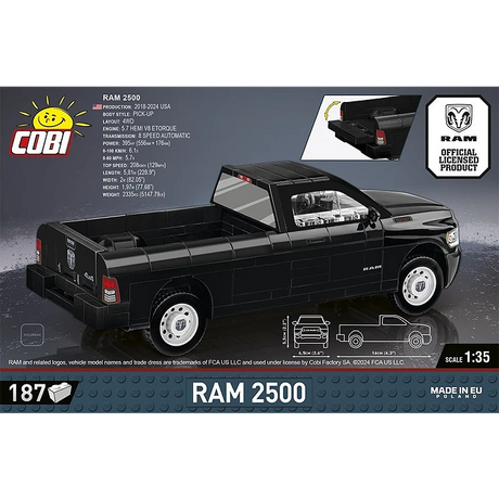 COBI RAM 2500 black pickup truck model shown from the rear with dimensions and opening tailgate detail