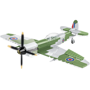 Green and grey COBI Spitfire Mk. XVI Bubbletop aircraft model shown from the front and side