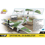 COBI Spitfire Mk. XVI Bubbletop 152 piece building set back panel showing the aircraft model, dimensions and moving features