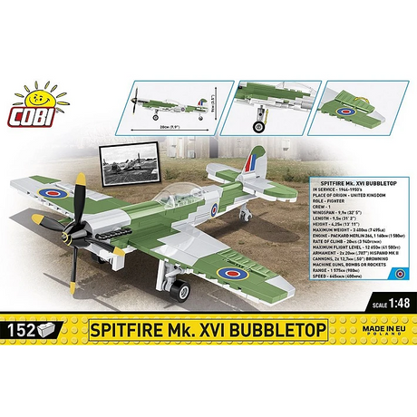 COBI Spitfire Mk. XVI Bubbletop 152 piece building set back panel showing the aircraft model, dimensions and moving features