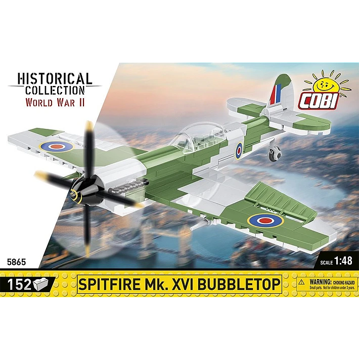 COBI Spitfire Mk. XVI Bubbletop 152 piece building set front panel showing the green and grey aircraft model
