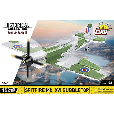 COBI Spitfire Mk. XVI Bubbletop 152 piece building set front panel showing the green and grey aircraft model