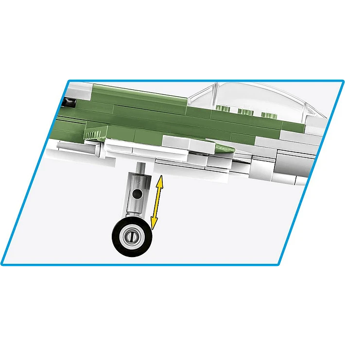 Close view of the COBI Spitfire Mk. XVI Bubbletop landing gear with movement arrows
