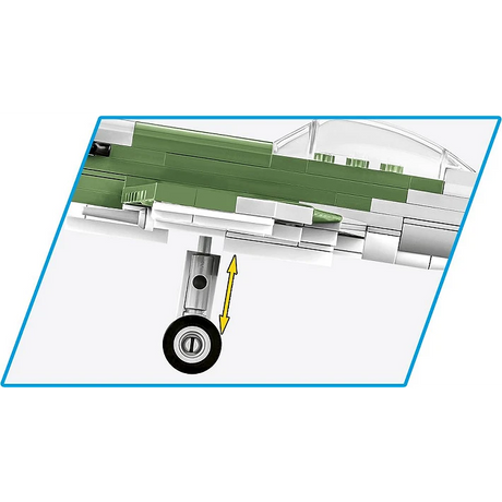 Close view of the COBI Spitfire Mk. XVI Bubbletop landing gear with movement arrows