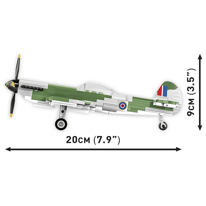 Side view of the COBI Spitfire Mk. XVI Bubbletop model showing 20 cm length and 9 cm height