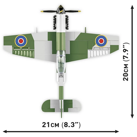 Top view of the COBI Spitfire Mk. XVI Bubbletop model showing 21 cm wingspan and 20 cm length