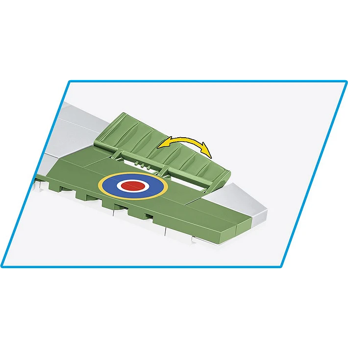 Close view of the COBI Spitfire Mk. XVI Bubbletop wing aileron with a movement arrow