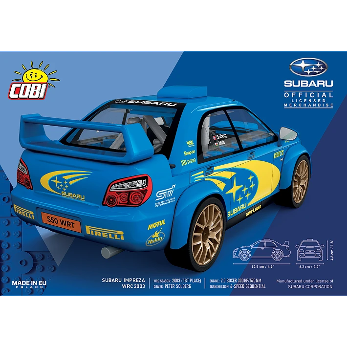 Back of the COBI Subaru Impreza WRC 2003 building set box showing the blue rally car from the rear