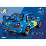 Back of the COBI Subaru Impreza WRC 2003 building set box showing the blue rally car from the rear