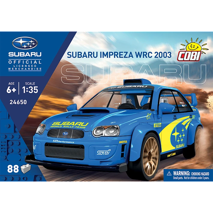 Front of the COBI Subaru Impreza WRC 2003 building set box showing the blue rally car and 88 piece count