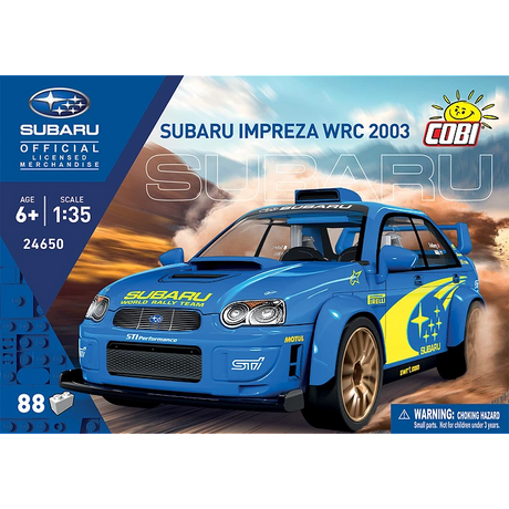 Front of the COBI Subaru Impreza WRC 2003 building set box showing the blue rally car and 88 piece count