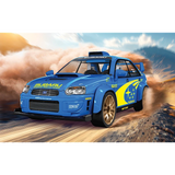 Blue COBI Subaru Impreza WRC 2003 rally car model driving on a dusty road