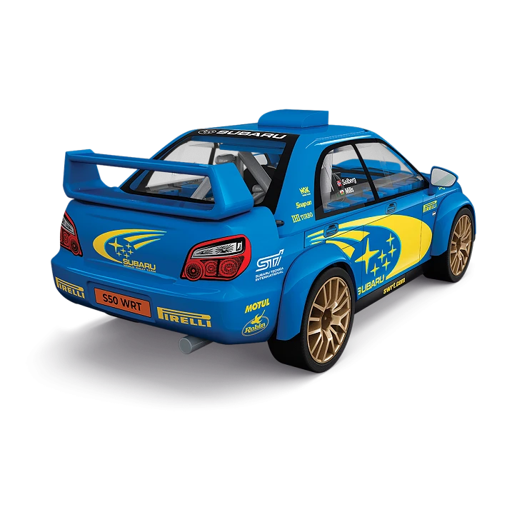 Blue COBI Subaru Impreza WRC 2003 rally car model shown from the rear and side