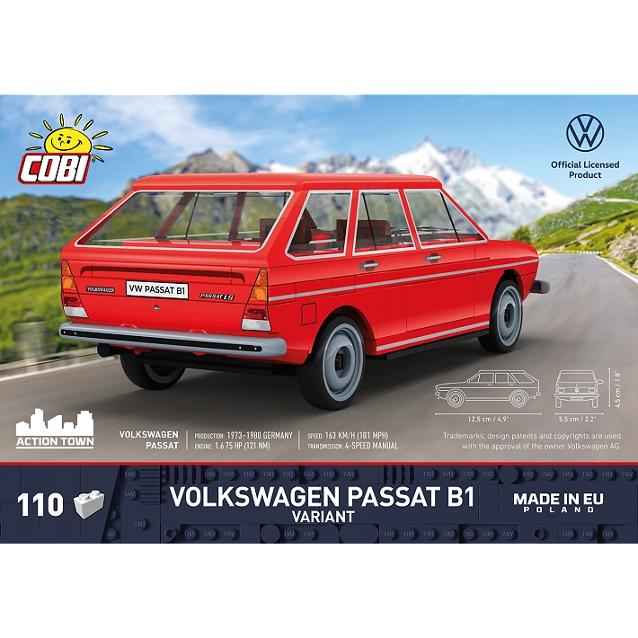 Back of the COBI Volkswagen Passat B1 Variant building set box showing the red car model from the rear