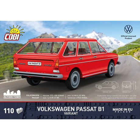 Back of the COBI Volkswagen Passat B1 Variant building set box showing the red car model from the rear