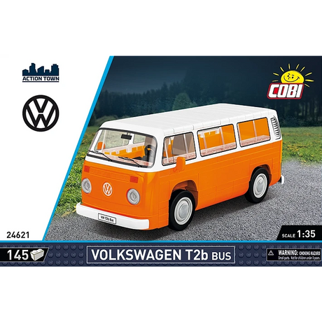 COBI Volkswagen T2b Bus orange and white model shown from the front and side with 1:35 scale details