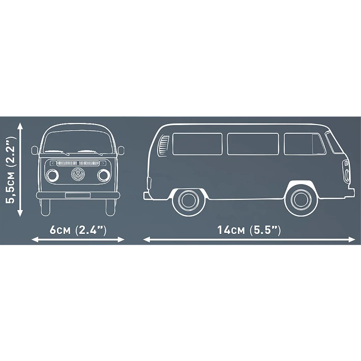 COBI Volkswagen T2b Bus model dimensions showing 14 cm length, 6 cm width and 5.5 cm height