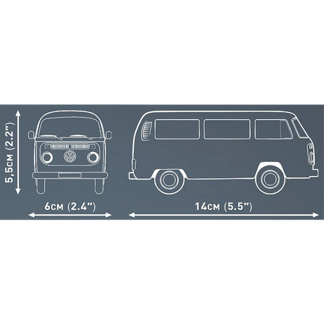 COBI Volkswagen T2b Bus model dimensions showing 14 cm length, 6 cm width and 5.5 cm height