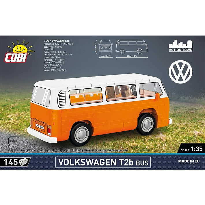 COBI Volkswagen T2b Bus orange and white model shown from the rear and side with model dimensions and 1:35 scale details
