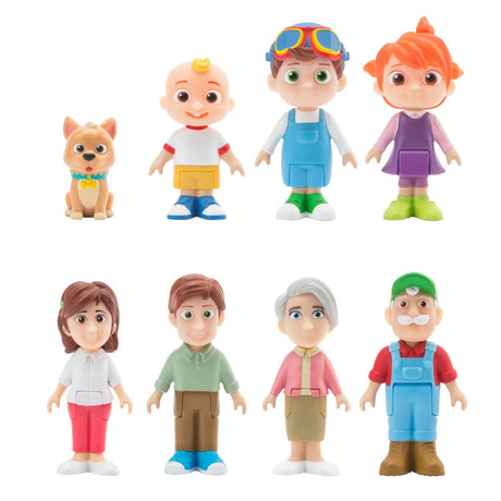 All eight CoComelon Family figures including JJ, TomTom, YoYo, Mom, Dad, Grandma, Grandpa and Bingo in Ireland