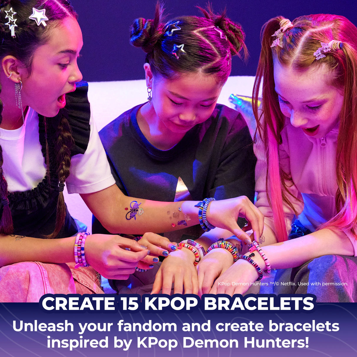 Three children showing colourful beaded bracelets made with the Cool Maker KPop Demon Hunters set