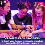 Three children showing colourful beaded bracelets made with the Cool Maker KPop Demon Hunters set