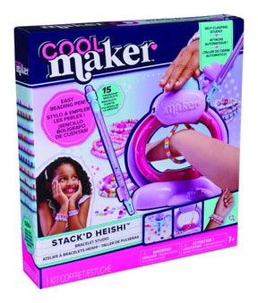 Cool Maker Stack'd Heishi Bracelet Studio retail box shown at an angle with the bracelet studio and beading pen pictured on the front