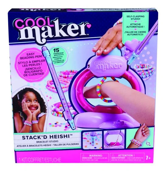 Cool Maker Stack'd Heishi Bracelet Studio retail box showing the bracelet maker, beading pen and bracelets