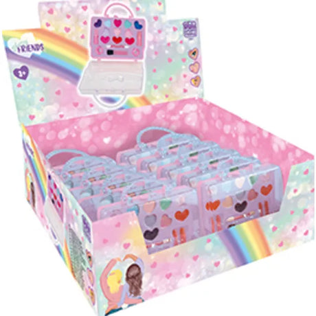 Counter display tray filled with cosmetic case playsets with rainbow packaging and open case image on the header
