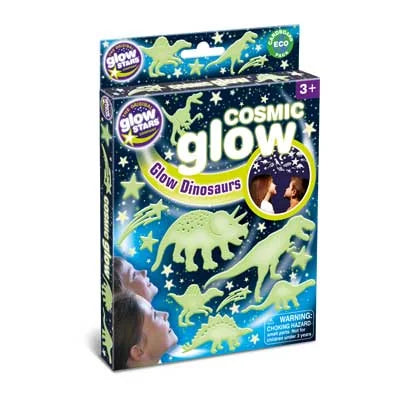 Cosmic Glow Dinosaurs Sticker Pack box showing glowing dinosaur and star shapes on a dark blue background