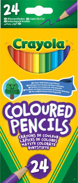 Crayola pack of 24 coloured pencils with multicoloured pencil tips visible through the front of the box
