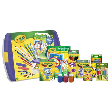 Crayola Mega Activity Tub lid showing included art items and booklet – Ireland
