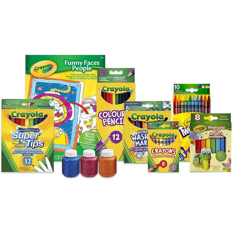Crayola Mega Activity Tub contents laid out including paints, markers, pencils – Ireland