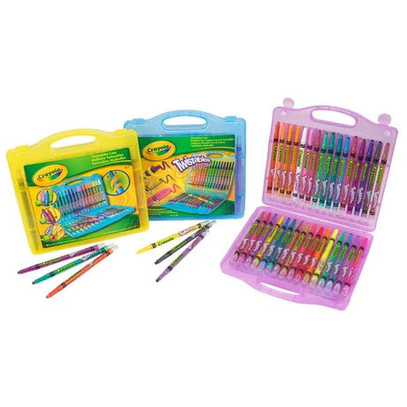 Crayola Twistables crayons displayed in yellow, blue, and pink carry cases – Ireland