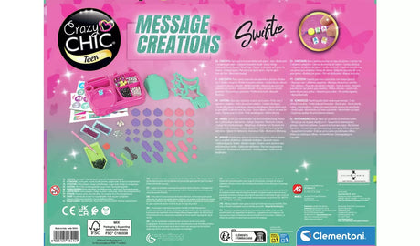 Back of the Clementoni Crazy Chic Message Creations retail box showing the kit contents, jewellery workstation, beads, cords, pendants, decorative stickers and multilingual product information.