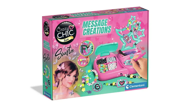 Clementoni Crazy Chic Teen Message Creations pink retail box showing the jewellery workstation, letter beads, decorated bracelets, star-shaped jewellery holder and Swiftie branding.