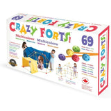 Crazy Forts Multi Coloured 69 piece kit packaging showing colourful connectors, orange rods and children building forts with fabric coverings.