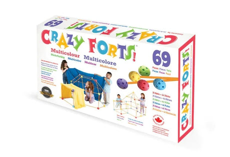Crazy Forts Multi Coloured 69 piece retail box showing the complete packaging with colourful connectors, orange rods and examples of constructed forts.