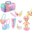 Creamy Deco Activity Case with turquoise and purple storage box, decorated hair clips, heart shaped keychains and three cream tubes, alongside a pink haired baby doll having yellow cream applied to its hair.