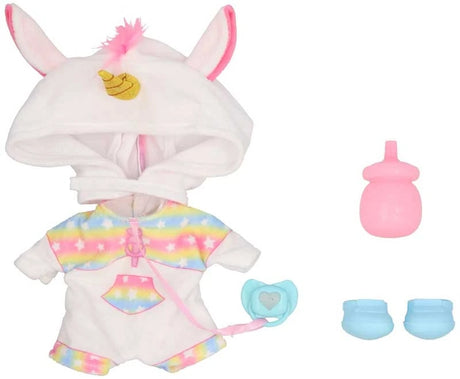 Cry Babies My First Steps Dreamy white unicorn outfit laid out showing the hood with pink ears and yellow horn, rainbow patterned clothing, pink feeding bottle, turquoise dummy and matching shoes.