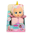 Front of Cry Babies Good Night Friends Luna and Poppy retail box showing Luna in her pink unicorn outfit, with the Cry Babies logo and 2 in 1 reversible design illustrations.
