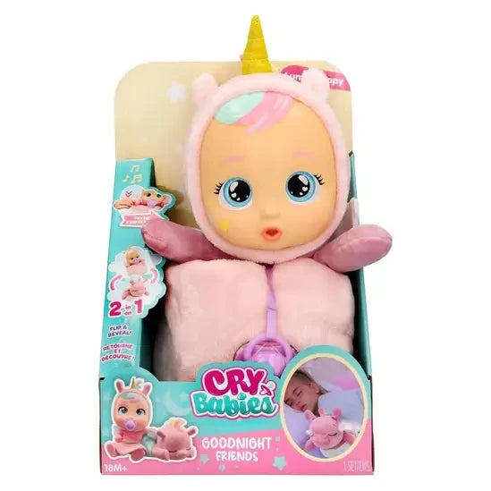 Front of Cry Babies Good Night Friends Luna and Poppy retail box showing Luna in her pink unicorn outfit, with the Cry Babies logo and 2 in 1 reversible design illustrations.