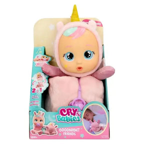 Front of Cry Babies Good Night Friends Luna and Poppy retail box showing Luna in her pink unicorn outfit, with the Cry Babies logo and 2 in 1 reversible design illustrations.