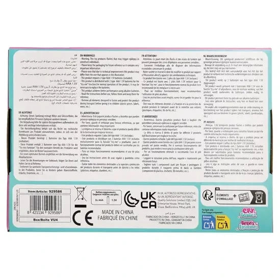 Back of the Cry Babies Good Night Friends Luna and Poppy packaging showing multilingual safety information, battery details, manufacturer markings and barcode.