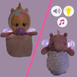 Cry Babies Luna and pink Poppy Pegasus shown side by side with glowing wings, alongside symbols for lights, music and sounds.